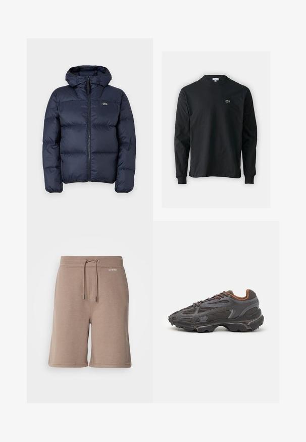Navy blue padded jacket with a zip front and hood. Features quilted design and small embroidered logo on the chest. Smooth, synthetic fabric.; Black long-sleeve t-shirt made of cotton, featuring a round neckline and a small green embroidered crocodile logo on the left chest.; Brown cotton shorts with elastic waistband, drawstring closure, and logo detail on the front. Soft texture and knee-length design.; Lacoste sneakers in dark gray with mesh and synthetic material, featuring a textured sole and brown accents on the collar and branding.