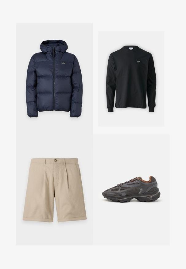 Temno modra podložena jakna z zadrgo spredaj in kapuco. Ima prešito zasnovo in majhen vezen logotip na prsih. Gladek sintetični material.; Črna dolgi rokavi majica iz bombaža, z okroglim ovratnikom in majhnim zelenim vezenim logotipom krokodila na levem prsnem delu.; Beige bombažne kratke hlače s ravnim sprednjim delom, dvema gubama in zavitim robom. Imajo gumbasto zapiranje in dva stranska žepa. Gladka tekstura.; Lacoste teniske v temno sivi barvi z mrežasto in sintetično prevleko, s teksturiranim podplatom in rjavimi detajli na ovratniku ter blagovni znamki.