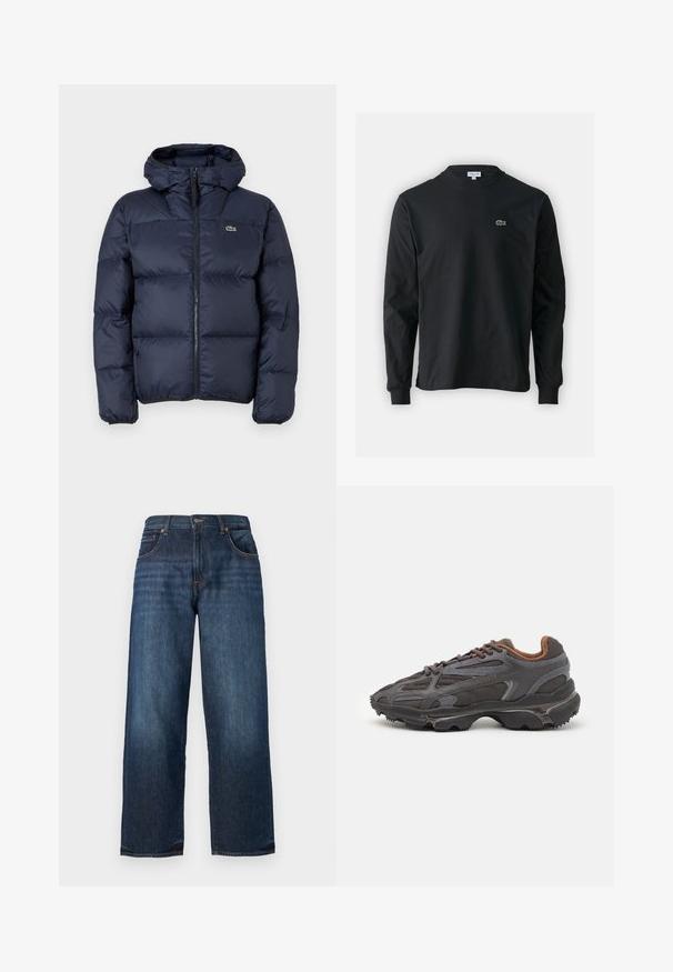 Navy blue padded jacket with a zip front and hood. Features quilted design and small embroidered logo on the chest. Smooth, synthetic fabric.; Black long-sleeve t-shirt made of cotton, featuring a round neckline and a small green embroidered crocodile logo on the left chest.; Dark blue denim jeans with a straight-leg design, visible stitching, five pockets, and a button closure at the waist. Smooth texture.; Lacoste sneakers in dark gray with mesh and synthetic material, featuring a textured sole and brown accents on the collar and branding.