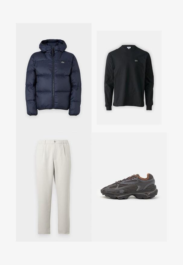 Mörkblå vadderad jacka med dragkedja fram och huva. Har en quiltad design och en liten broderad logotyp på bröstet. Slätt, syntetiskt tyg.; Svart långärmad t-shirt i bomull, med rund halsringning och en liten grön broderad krokodil-logotyp på vänster bröst.; Ljusbeige byxor med avslappnad passform och lätt glans, utrustade med resår i midjan, framfickor och avsmalnande ben.; Lacoste-sneakers i mörkgrått med nät och syntetmaterial, med en strukturerad sula och bruna detaljer på kragen och varumärket.