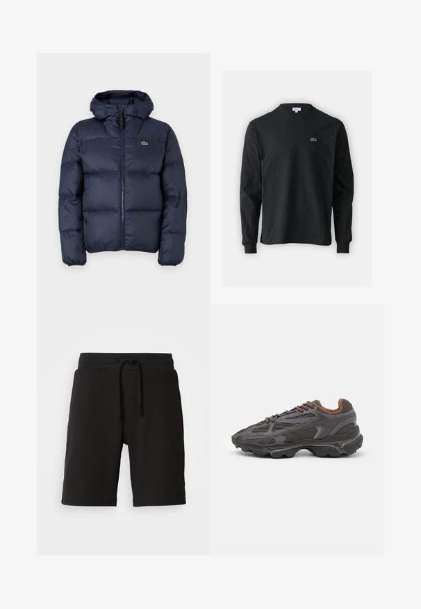 Sötétkék párnázott dzseki cipzáros elülső résszel és kapucnival. Steppelt kialakítású, kicsi hímzett logóval a mellkasán. Simább, szintetikus anyag.; Fekete hosszú ujjú pamut póló, kerek nyakkivágással, bal mellen egy kis zöld hímzett krokodil logóval.; Fekete kötött rövidnadrág texturált anyagból, rugalmas derékrésszel, állítható zsinórral és oldalsó zsebekkel. Hossza a térd fölött ér véget.; Sötét szürke Lacoste sportcipők hálós és szintetikus anyagból, textúrázott talppal és barna díszítésekkel a nyak részen és a logón.