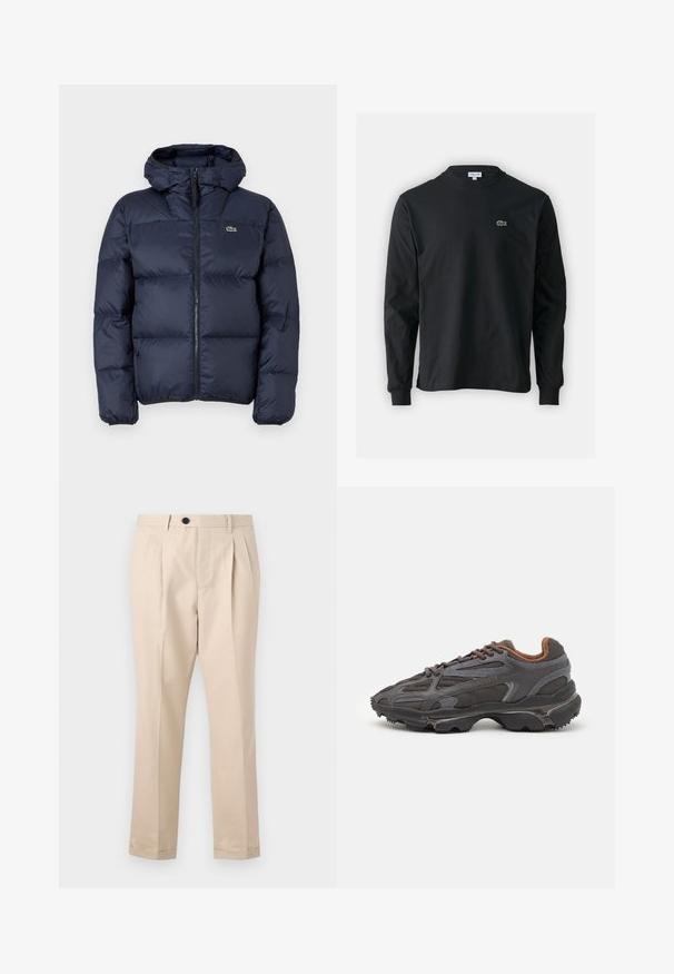Navy blue padded jacket with a zip front and hood. Features quilted design and small embroidered logo on the chest. Smooth, synthetic fabric.; Black long-sleeve t-shirt made of cotton, featuring a round neckline and a small green embroidered crocodile logo on the left chest.; Beige pleated trousers made of smooth fabric, featuring a zipper and button closure, with straight legs and folded hems.; Lacoste sneakers in dark gray with mesh and synthetic material, featuring a textured sole and brown accents on the collar and branding.