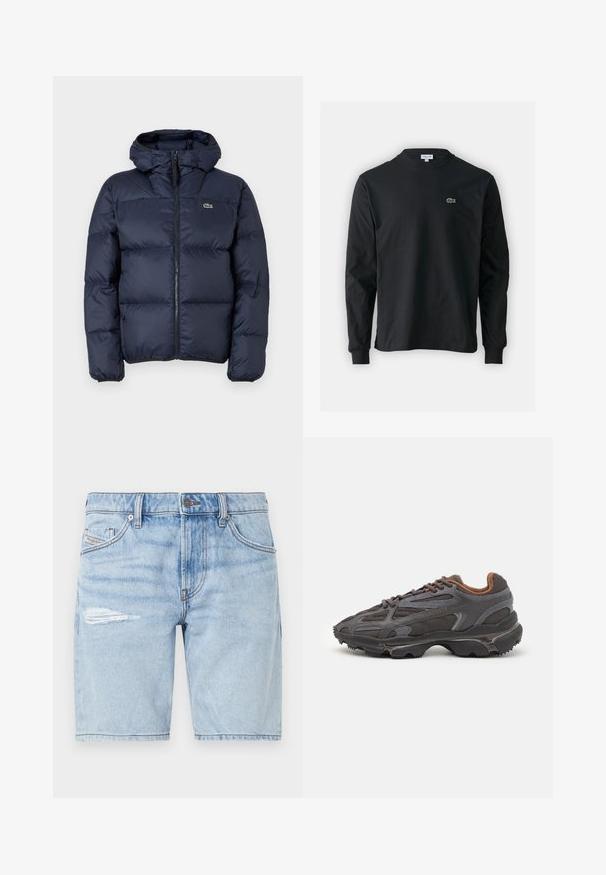 Námorně modrá vycpaná bunda se zipem vpředu a kapucí. Obsahuje prošívaný design a malé vyšívané logo na hrudi. Hladká, syntetická tkanina.; Černé dlouhé rukávy triko vyrobené z bavlny, s kulatým výstřihem a malým zeleným vyšitým logem krokodýla na levé hrudi.; Světle modré denim šortky s vybledlým vzhledem, s roztrhnutím na levém stehně a klasickým pětikapsovým designem. Uzavírání na kovový knoflík.; Sněrovací boty Lacoste v tmavě šedé barvě s síťovinou a syntetickým materiálem, prezentující texturovanou podrážku a hnědé detaily na límci a logu.