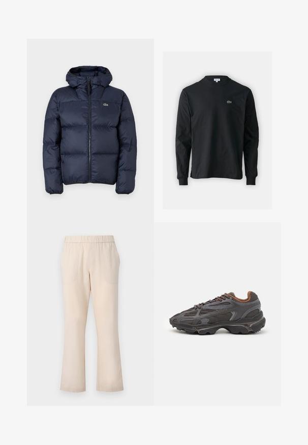 Mörkblå vadderad jacka med dragkedja fram och huva. Har en quiltad design och en liten broderad logotyp på bröstet. Slätt, syntetiskt tyg.; Svart långärmad t-shirt i bomull, med rund halsringning och en liten grön broderad krokodil-logotyp på vänster bröst.; Beige utsvängda byxor med elastisk midja, två framlomm pockets, och en slät bomullstextur. Inga synliga mönster eller metallföremål.; Lacoste-sneakers i mörkgrått med nät och syntetmaterial, med en strukturerad sula och bruna detaljer på kragen och varumärket.
