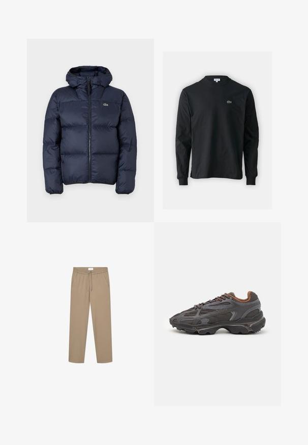 Námornícky modrá páperová bunda so zipsom vpredu a kapucňou. Obsahuje prešité vzory a malé vyšívané logo na hrudi. Hladká syntetická tkanina.; Čierne tričko s dlhým rukávom vyrobené z bavlny, s okrúhlym výstrihom a malým zeleným vyšívaným logom krokodíla na ľavej hrudi.; Krémové elastické nohavice s elastickým pásom a šnúrkou, s dvoma postrannými vreckami a rovnými nohavicami. Hladký materiál.; Lacoste tenisky v tmavo sivej farbe z nylonu a syntetického materiálu, s textúrovanou podrážkou a hnedými akcentami na golieri a brandingu.
