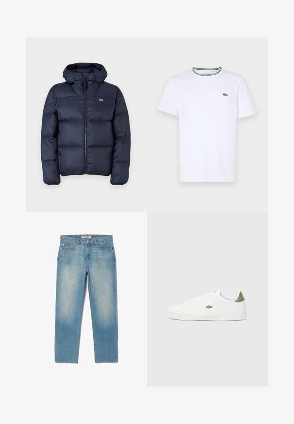 Tamnoplavi punjeni kaput s patentnim zatvaračem sprijeda i kapuljačom. Ima kviltani dizajn i mali izvezeni logo na prsima. Glatka, sintetička tkanina.; Bijela pamučna majica kratkih rukava s rebrastim ovratnikom koja ima zelene i crne pruge; mali zeleni izvezeni logo na lijevoj strani prsnog koša.; Svijetloplavi traperice s ravnim nogavicama, pet džepova i malo izblijedjelim pranjem. Imaju srebrne metalne dijelove i oznaku na pojasu s brendom.; Bijele tenisice s glatkom teksturom, s zelenim akcentom na peti i malim izvezenim logotipom krokodila sa strane.