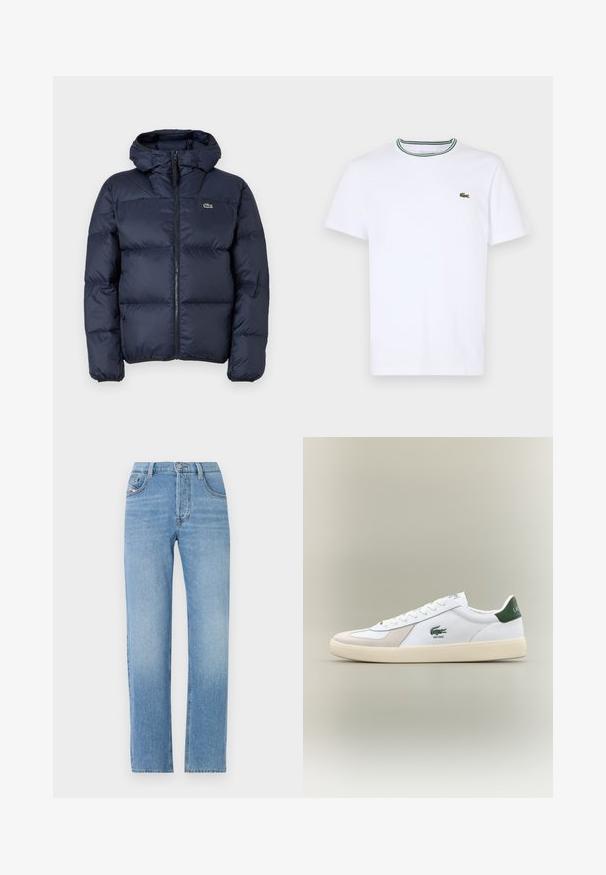 Tamnoplavi punjeni kaput s patentnim zatvaračem sprijeda i kapuljačom. Ima kviltani dizajn i mali izvezeni logo na prsima. Glatka, sintetička tkanina.; Bijela pamučna majica kratkih rukava s rebrastim ovratnikom koja ima zelene i crne pruge; mali zeleni izvezeni logo na lijevoj strani prsnog koša.; Svijetloplavi traperice s ravnim nogavicama, zatvaranje na gumb, pet džepova i suptilnom izblijedjelom teksturom. Klasična silueta traperica.; Bijela tenisica s zelenim naglascima, od suede i kožnih materijala, zaobljenog prsta, teksturirane potplate, te izvezenim logotipom sa strane i na jeziku.