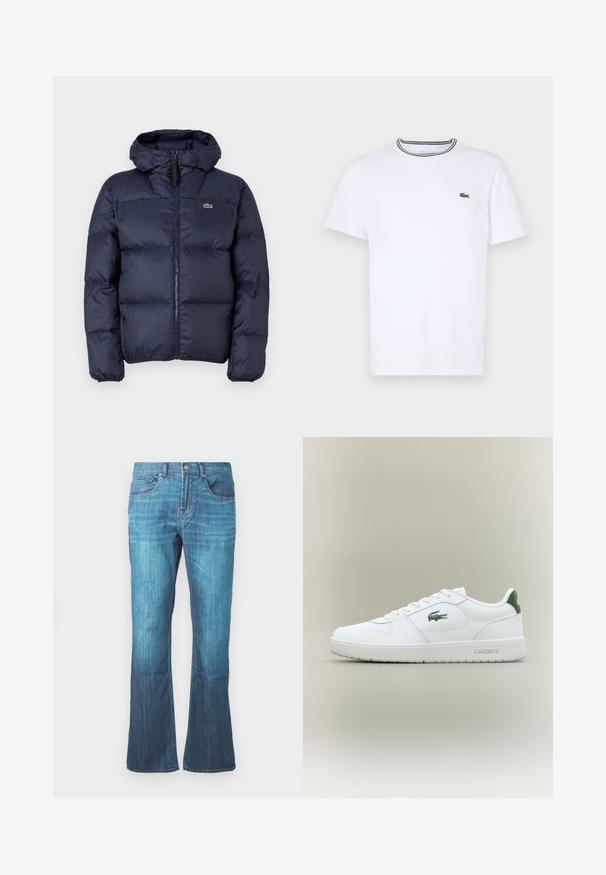 Marinblå polstret jakke med lynlås foran og hætte. Har quiltet design og lille broderet logo på brystet. Glat, syntetisk stof.; Hvid bomulds T-shirt med korte ærmer og ribbet krave med grønne og sorte striber; lille grøn broderet logo på venstre bryst.; Mellemblå vask jeans i denim med let flare i bunden, klassisk fem-lomme design og frontlukning med knap og lynlås.; Hvide lædersneakers med en glat overflade, grønne accenter på hælen og et grønt logo på siden. Har en flad sål og rund tå.