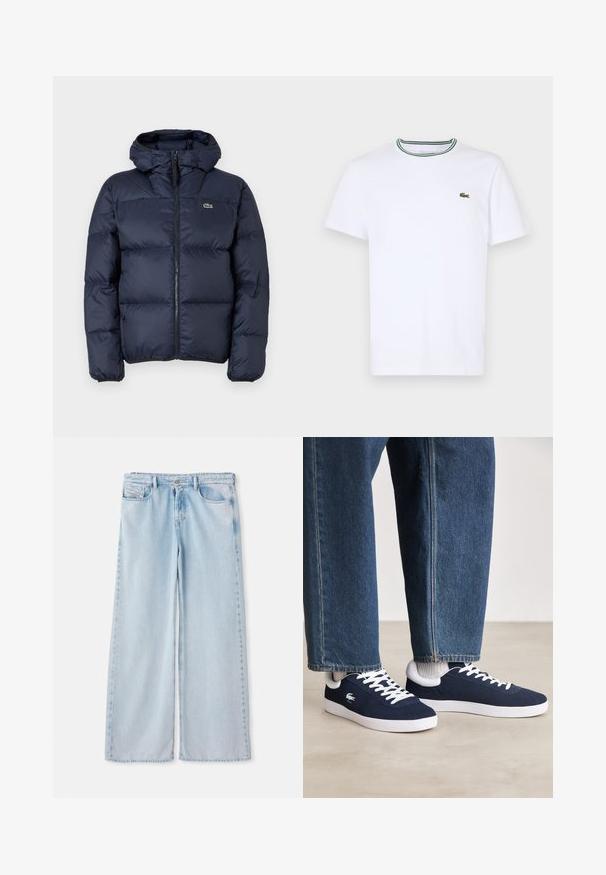 Tumesinine tepitud jakk, millel on ees lukuga sulgumine ja kapuuts. Omab tikandiga väikest logo rinnal ning sileda sünteetilise kanga disaini.; Valge puuvillane lühikeste varrukatega T-särk, millel on ribitud krae ja rohelised ning mustad triibud; vasakul rinnal väike roheline tikandiga logo.; Heledad sinised laiad püksid klassikalise viie taskuga disainiga, millel on tavaline vöökoht ja lõpetamata serv. Pehme denimtekstuur kergete plekkidega.; Sinised kangast spordijalatsid valgete paelte ja kummitaldadega, eksponeeritud teksatõmblustega pükste ja hallide soonikkudega sokkidega, heledal hallil pinnal.