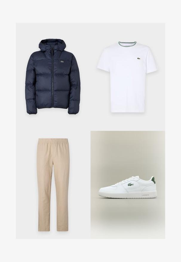 Navy blue padded jacket with a zip front and hood. Features quilted design and small embroidered logo on the chest. Smooth, synthetic fabric.; White cotton short-sleeve T-shirt with a ribbed collar featuring green and black stripes; small green embroidered logo on left chest.; Beige linen pants with an elastic waistband, straight-leg design, and minimal seams for a smooth texture and lightweight feel.; White leather sneaker with a smooth finish, green accents on the heel, and a green logo on the side. Features a flat sole and round toe.