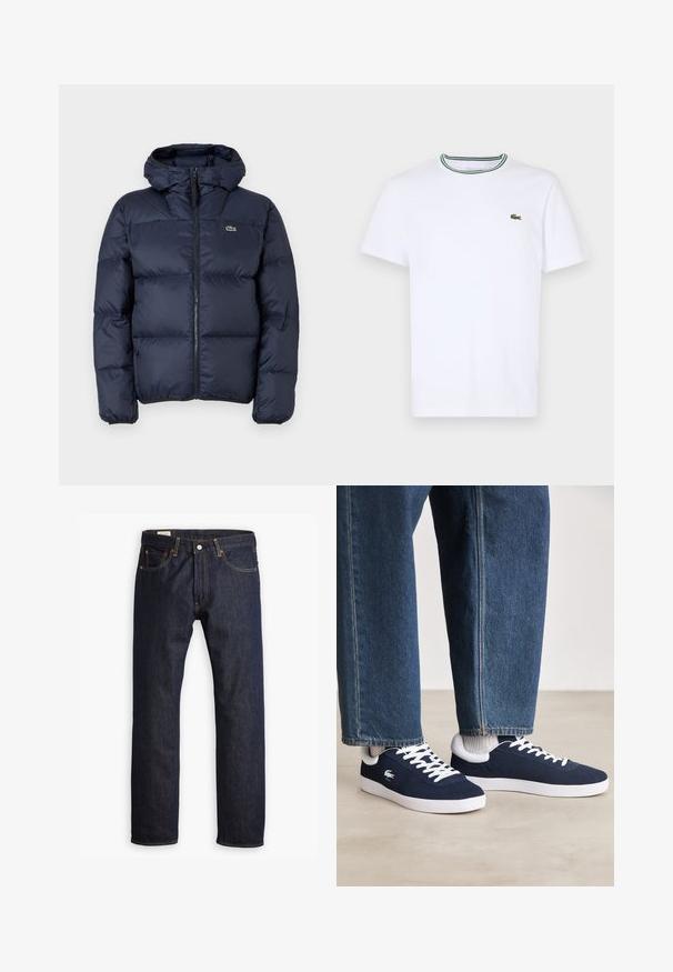 Námornícky modrá páperová bunda so zipsom vpredu a kapucňou. Obsahuje prešité vzory a malé vyšívané logo na hrudi. Hladká syntetická tkanina.; Biela bavlnená tričko s krátkym rukávom a rebrovaným golierom s zelenými a čiernymi pruhmi; malá zelená vyšitá logo na ľavej hrudi.; Tmavomodré denimové džínsy s rovnými nohavicami, oranžovým prešívaním a štýlom piatich vreciek s kovovým zapínaním na gombík.; Modré plátené tenisky s bielymi šnúrkami a gumovými podrážkami, vystavené spolu s džínsovými nohavicami a šedými rebrovanými ponožkami na svetlosivom povrchu.