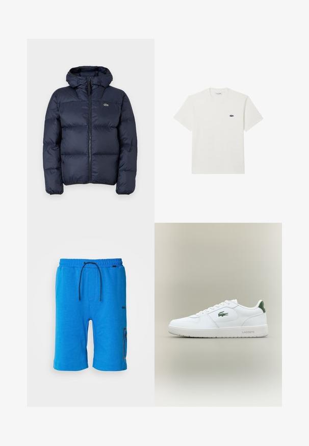 Marineblauwe gewatteerde jas met rits en capuchon. Kenmerkt zich door een gelaagd ontwerp en een klein geborduurd logo op de borst. Glad, synthetisch materiaal.; Witte katoenen T-shirt met korte mouwen en een ronde hals. Bevat een klein, geborduurd Lacoste-logo op de linkerborst.; BOSS HARIQ - Trainingsbroek - open blue; Witte leren sneaker met een gladde afwerking, groene accenten op de hak en een groen logo aan de zijkant. Beschikt over een platte zool en een ronde neus.