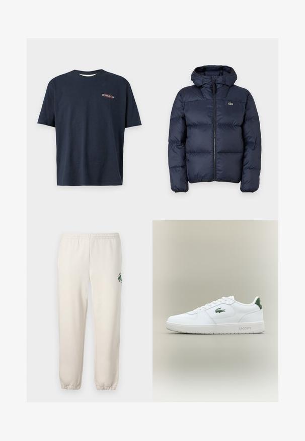 Tamsiai mėlyna pūkinė striukė su užtrauktuku ir kapišonu. Yra siuvinėtas logotipas ant krūtinės ir išsiuvinėta dizaino detalė. Sklandus, sintetinės medžiagos audinys.; Tamsiai mėlyna medvilninė marškinėliai trumpomis rankovėmis. Priekyje yra mažas siuvinėtas "GUESS JEANS" logotipas raudona ir balta spalvomis. Apvalus iškirpimas, įprastas siluetas.; Šviesiai smėlinės spalvos medvilninės kelnės, su elastinga juosta, raukšlėtomis rankovėmis ir žalia logotipo su lapo dizainu kairiajame šone.; Balti odiniai sportbačiai su lygiu paviršiumi, žaliais akcentais ant kulno ir žalia logotipu šone. Siūlo plokščią pado struktūrą ir apvalią nosį.