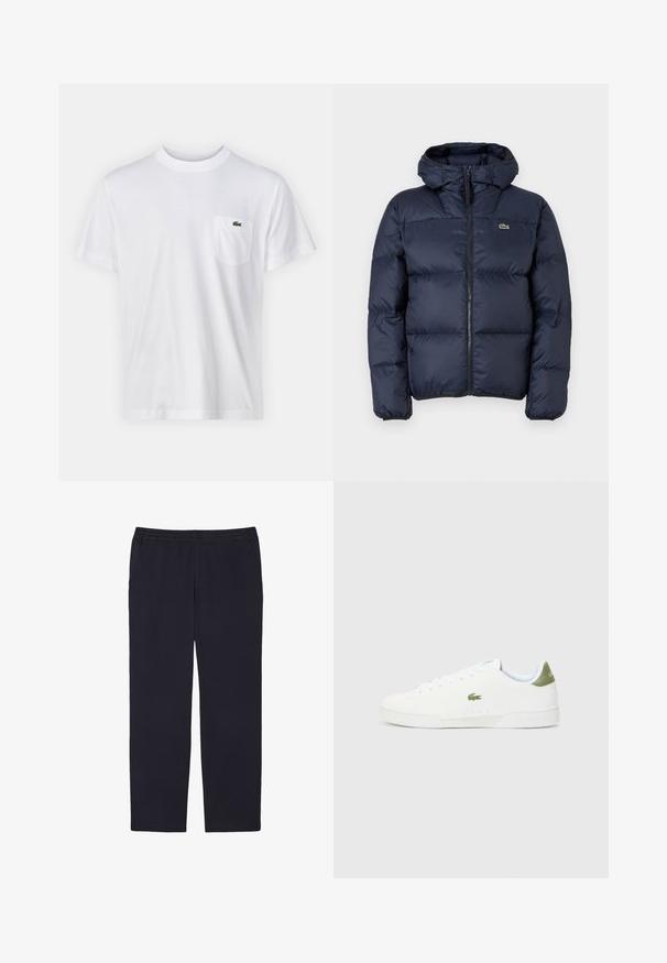 Navy blue padded jacket with a zip front and hood. Features quilted design and small embroidered logo on the chest. Smooth, synthetic fabric.; White cotton t-shirt with a round neckline and short sleeves. Features a left chest pocket and a small green Lacoste logo.; Lacoste Trousers - bleu marine hde; White sneakers with a smooth texture, featuring a green accent at the heel and a small embroidered crocodile logo on the side.