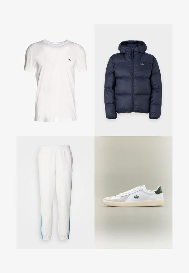 Jūras zila frotē jaka ar rāvējslēdzēju un kapuci. Iespējas: kvadrātveida dizains un mazs izšūts logotips uz krūšu. Gluda, sintētiska auduma.; Balta īsām piedurknēm T-krekls, kas izgatavots no kokvilnas, ar apaļu kakla izgriezumu un mazu zaļu izšūtu logotipu kreisajā pusē.; Baltas sporta bikses ar elastīgu jostu, ar zaļiem un ziliem sānu svītrainiem. Mīksta auduma ar sašaurinātu potīšu dizainu.; Baltie sporta apavi ar zaļiem akcentiem, izgatavoti no zamša un ādas, ar noapaļotu purngalu, teksturētu zoli un izšūtu logotipu sānos un uz mēles.