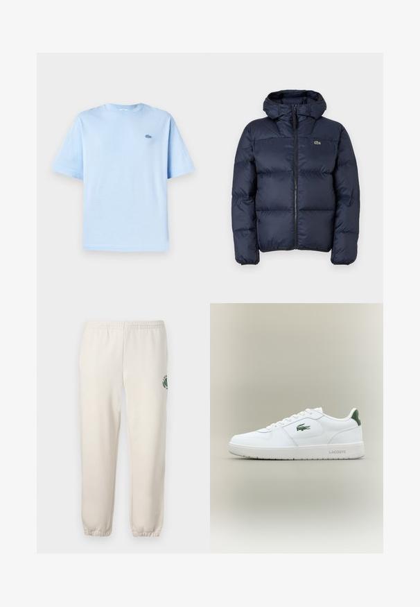 Jūras zila frotē jaka ar rāvējslēdzēju un kapuci. Iespējas: kvadrātveida dizains un mazs izšūts logotips uz krūšu. Gluda, sintētiska auduma.; Gaiši zils kokvilnas T-krekls ar apaļu kakla izgriezumu, īsām piedurknēm un mazu izšūtu logotipu kreisajā krūtīs. Mīksta tekstūra, brīvs griezums.; Gaiši bēši kokvilnas sporta bikses ar elastīgu jostu, ribotām apakšmalām un zaļu logotipu ar lapu dizainu kreisajā kājā.; Baltas ādas sneakers ar gludu apdari, zaļiem akcentiem uz papēža un zaļu logotipu sānos. Iezīmē platu zoli un apaļu pirkstu.
