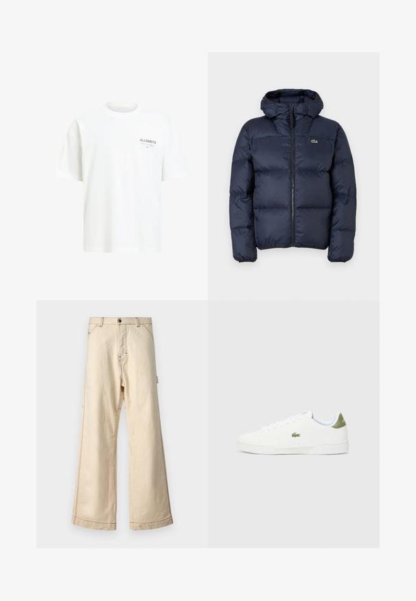 Navy blue padded jacket with a zip front and hood. Features quilted design and small embroidered logo on the chest. Smooth, synthetic fabric.; White cotton t-shirt with a relaxed fit, crew neckline, and left chest logo detail in gray text. Smooth texture, short sleeves.; Beige wide-leg trousers made of cotton with a zip and button closure, featuring contrasting stitching and side pockets.; White sneakers with a smooth texture, featuring a green accent at the heel and a small embroidered crocodile logo on the side.