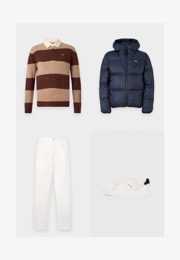 Tumesinine tepitud jakk, millel on ees lukuga sulgumine ja kapuuts. Omab tikandiga väikest logo rinnal ning sileda sünteetilise kanga disaini.; Pika varrukatega ragbi särk, millel on laiad horisontaalsed pruunid ja beežid triibud ning kreemivärvi krae, mis on varustatud väikese tikandiga logoga rinnal.; Valged püksid, mis on valmistatud siledast kangast, sirge jala disainiga, ees olevate voldidega ja ühekordse nupuga vöökohtadel.; Valge tossud heleda roosa ja musta aktsendiga, mis sisaldavad sileda naha ja nubukpaneele, ümarat varvust ja lamedat kummitalda.