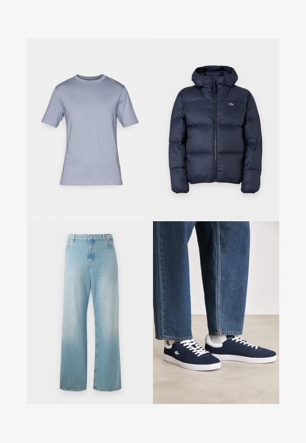 Laadukas tummansiniinen vuorattu takki, jossa on vetoketjukiinnitys ja huppu. Takissa on tikattu kuvio ja pieni brodeerattu logo rinnassa. Sileä, synteettinen kangas.; DRYKORN RAPHAEL - T-paita - blau; Vaaleansiniset leveät farkut, jotka on valmistettu denimistä. Ominaisuuksiin kuuluu korkea vyötärö, etutaskut ja siisti helma. Pehmeä rakenne, jossa on haalistunut pinta.; Siniset kangaskengät valkoisilla nauhoilla ja kumipohjilla, esillä farkkuhousujen ja harmaiden ribattujen sukkien kanssa, vaaleanharmaalla pinnalla.