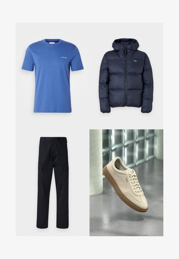 Tamsiai mėlyna pūkinė striukė su užtrauktuku ir kapišonu. Yra siuvinėtas logotipas ant krūtinės ir išsiuvinėta dizaino detalė. Sklandus, sintetinės medžiagos audinys.; Mėlynas medvilninis marškinėlis su apvaliu kaklu, trumpomis rankovėmis ir minimalistiniu baltu "Calvin Klein" logotipu kairėje krūtinės pusėje. Paprastas dizainas.; Juodi cargo kelnės, pagamintos iš tvirto audinio, su tiesiu kirpimu, dviem šoninėmis kišenėmis ir mygtukiniu užsegimu juosmenyje.; Šviesios smėlio spalvos zomšiniai sportbačiai su gumine pado dalimi, išryškintomis raištelėmis ir subtiliais siuvimo elementais. Švarus dizainas su minimalistine estetika.