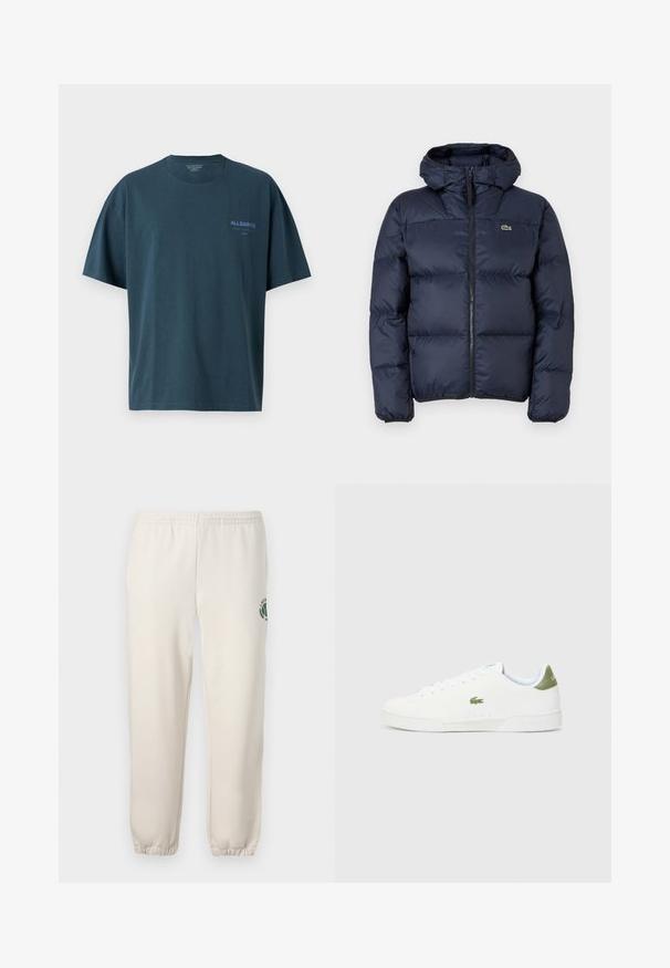 Tumesinine tepitud jakk, millel on ees lukuga sulgumine ja kapuuts. Omab tikandiga väikest logo rinnal ning sileda sünteetilise kanga disaini.; Tumedat sinisest puuvillast T-särk lühikeste varrukatega, ümmargune kaelus ja väike valge logo vasakul rinnapiiril. Pehme tekstuur, mugav lõige.; Heledadbežased püksid, mis on valmistatud puuvillast, varustatud elastse vöökohtaga, soonikute lõpetustega ja vasakul jalal on roheline logo lehe kujundusega.; Valged tossud siledast materjalist, millel on roheline aktsent kannaosas ja väike tikandiga krokodillilogo külgedel.