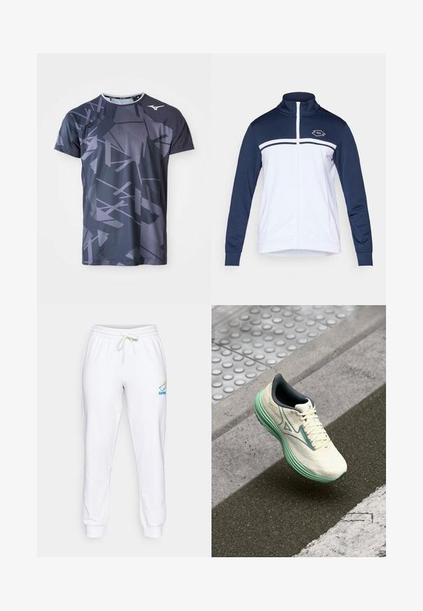 Giacca track di colore blu navy e bianca, con colletto alto, zip completa e maniche lunghe. Il design include righe orizzontali e un logo sul petto.; Maglietta sportiva realizzata in tessuto leggero, con una base grigio scuro e motivi geometrici astratti in grigio chiaro, dotata di un design a collo rotondo.; Pantaloni in cotone bianchi con vita elasticizzata, coulisse regolabile e dettaglio del logo in blu e colori arcobaleno sulla coscia sinistra.; Scarpa da corsa leggera in crema e verde menta. Presenta una tomaia testurizzata, una suola ammortizzata e un sistema di allacciatura per una vestibilità sicura.