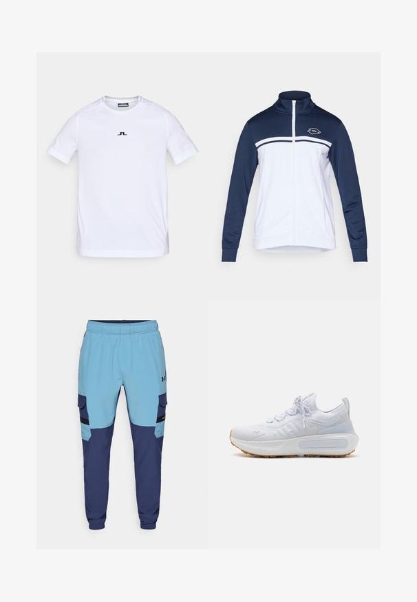 Casaco de treino em azul marinho e branco, com gola alta, fecho de correr completo e mangas longas. O design inclui riscas horizontais e um logo no peito.; Camisola atlética de manga curta branca, feita de um tecido leve. Apresenta um discreto logotipo preto no peito e um design de costura ergonómica para maior conforto.; Calças de moletom azuis e marinhas com um cós elástico, bolsos laterais e detalhes ao estilo cargo. Feitas de tecido suave e respirável.; Sapatilha de corrida branca com parte superior em malha respirável, colarinho acolchoado e sola em borracha. Apresenta um design texturizado e tecnologia de amortecimento HOVR.