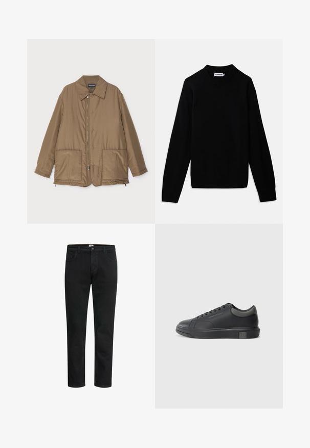 Bruine gewatteerde jas met een kraag, ritssluiting aan de voorkant, twee grote zakken en een lichte glans. Eenvoudig ontwerp met een ontspannen pasvorm.; Zwarte trui met een geribde ronde halslijn, lange mouwen en een structuurbreipatroon. Geen zichtbare logo's of versieringen.; Zwarte denim jeans met een rechte snit, voorzien van een knoop- en ritssluiting, vijf zakken en minimale stikseldetails.; Zwarte leren sneaker met een gladde afwerking, ronde neus en donkergrijze accenten. Beschikt over een vetersluiting en een getextureerde rubberen zool.