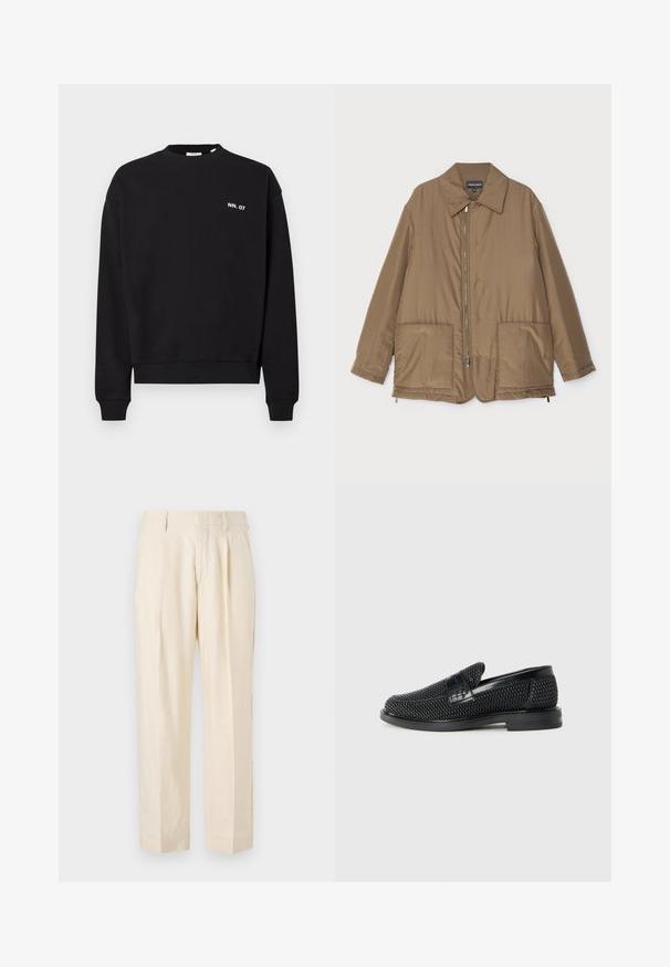 Brown padded jacket with a collared neck, front zip closure, two large pockets, and slight sheen. Simple design with a relaxed fit.; Black sweatshirt made of cotton, featuring a crew neck and long sleeves. It includes a small white logo on the left chest area.; NN.07 KAY - Trousers - off white; Black woven slip-on shoe with a smooth leather accent on the upper, a round toe design, and a low-profile rubber sole.