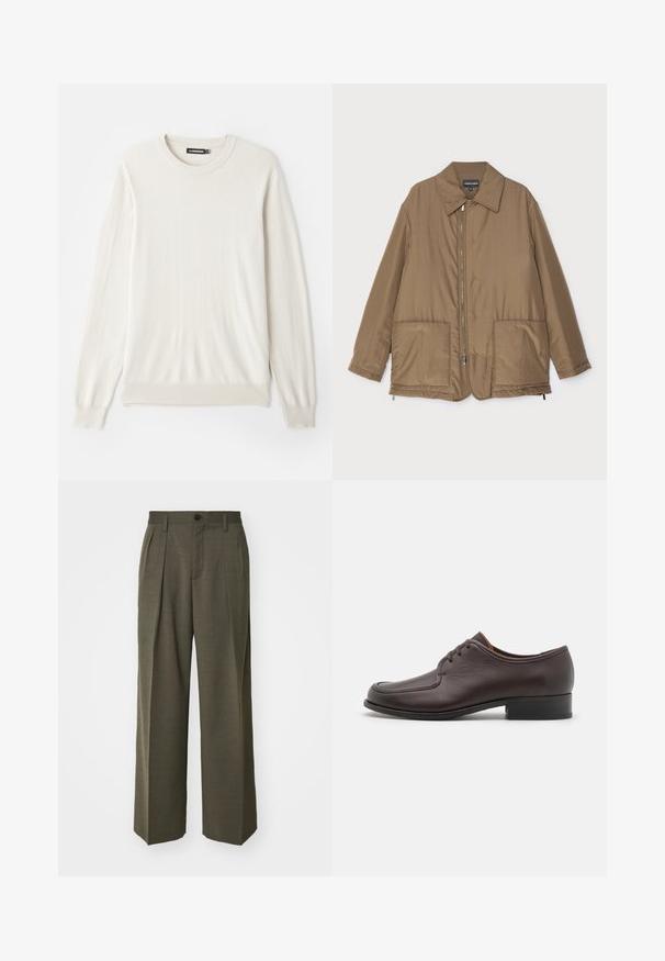 Brązowa pikowana kurtka z kołnierzem, zapinana na zamek z przodu, z dwiema dużymi kieszeniami i lekko błyszczącą powierzchnią. Prosty fason z luźnym krojem.; Jasnokremowy sweter z długim rękawem wykonany z miękkiego, gładkiego materiału. Posiada prążkowany okrągły dekolt oraz mankiety zakończone ściągaczem, co zapewnia klasyczny fason.; Filippa K - Spodnie materiałowe; Brązowe skórzane buty eleganckie o gładkiej fakturze, zaokrąglonym nosku i zamkniętym zapięciu na sznurowadła. Posiadają niski, warstwowy obcas oraz subtelne detale w postaci przeszyć.