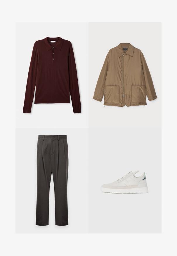 Veste rembourrée marron avec un col, fermeture zippée sur le devant, deux grandes poches et un léger éclat. Design simple avec une coupe décontractée.; Polo à manches longues de couleur bordeaux profond en tissu doux. Présente un col classique, une patte de boutonnage à trois boutons et des poignets ajustés.; Pantalon gris foncé en tissu texturé, avec une taille plate, des plis, des jambes droites et des passants de ceinture. Pas de quincaillerie ni de motifs visibles.; Baskets en cuir blanc avec des accents en daim gris, à lacets, avec languette de traction et semelle en caoutchouc texturé avec un motif en zigzag.