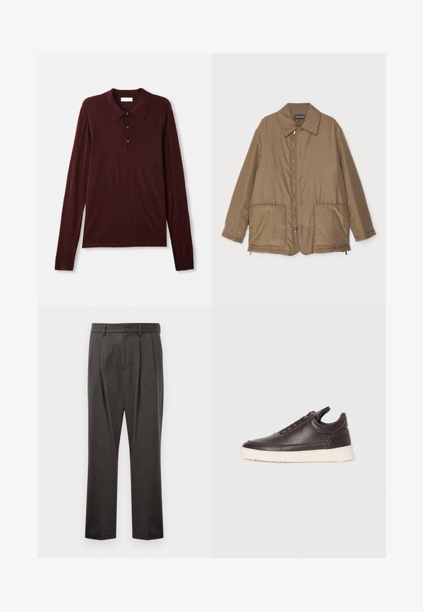 Hnědá zateplená bunda s límečkem, předním zipem, dvěma velkými kapsami a mírným leskem. Jednoduchý design s uvolněným střihem.; Polo triko s dlouhým rukávem v tmavě burgundské barvě z jemné látky. Obsahuje klasický límec, zapínání na tři knoflíky a přiléhavé manžety.; Tmavě šedé kalhoty z texturované látky, s plochým předním dílem, sklady, rovnými nohavicemi a poutky na pásek. Bez viditelného kovového spojení nebo vzorů.; Tmavě hnědé texturované kožené tenisky s šněrováním a bílou rýhovanou gumovou podrážkou na jednobarevném světlém pozadí.