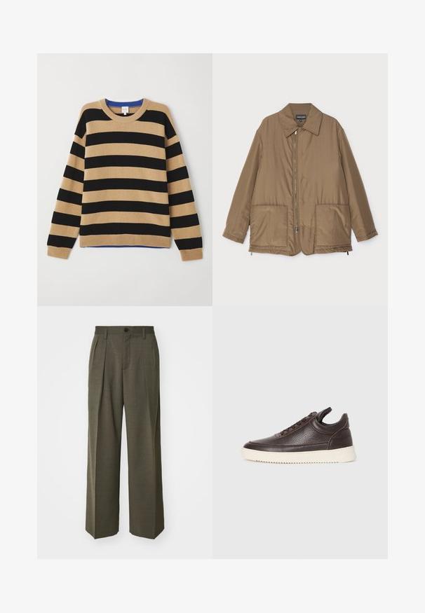 Barna steppelt dzseki, galléros nyakkal, elülső cipzárral, két nagy zsebbel és enyhe fényességgel. Egyszerű dizájn, laza szabással.; Csíkozott pulóver, fekete és bézs csíkokkal váltakozva, bordás kerek nyakkal és kék díszítéssel a nyak körül. Puha tapintású, laza szabású.; Filippa K WIDE TROUSERS - Nadrágok - driftwood; Sötétbarna, texturált bőr sneaker, fűzős elejével és fehér, bordázott gumitalpával egy sima világos háttér előtt.