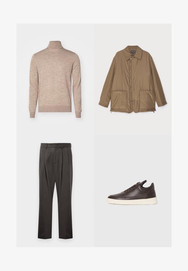 Brown padded jacket with a collared neck, front zip closure, two large pockets, and slight sheen. Simple design with a relaxed fit.; Tiger of Sweden NEVILE - Jumper - beige melange; Dark gray trousers made from textured fabric, featuring a flat front, pleats, straight legs, and belt loops. No visible hardware or patterns.; Dark brown textured leather sneaker with lace-up front and white ridged rubber sole on a plain light background.