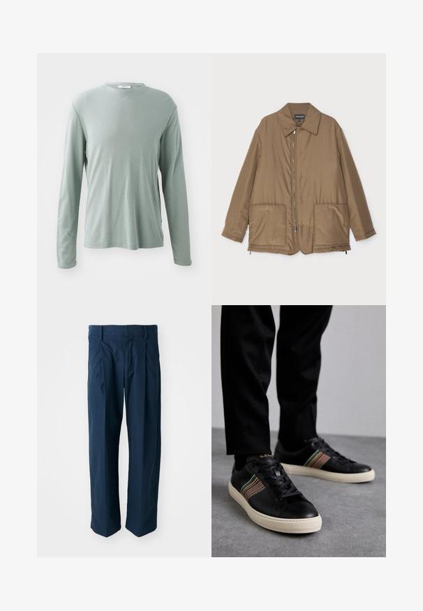 Braune gepolsterte Jacke mit Kragen, Reißverschluss vorne, zwei großen Taschen und leichter Glanz. Einfaches Design mit entspannter Passform.; Langarmshirt in Hellgrün, aus strukturiertem Stoff mit rundem Halsausschnitt und geradem Schnitt, versehen mit einem dezenten Rippmuster.; Marineblaue Hosen aus Baumwolle mit einem lockeren Schnitt, Frontfalten und einem flachen Bund mit Gürtelschlaufen.; Schwarze Ledersneaker mit mehrfarbigen gestreiften Akzenten, runder Zehenform und weißen Gummisohlen, mit schnürbarem Design und geprägter Markenkennzeichnung.