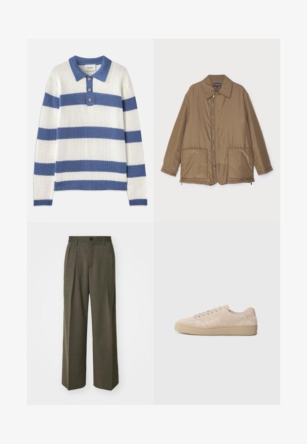 Brown padded jacket with a collared neck, front zip closure, two large pockets, and slight sheen. Simple design with a relaxed fit.; Pullover in white and blue horizontal stripes, knit texture, collared with three buttons. Ribbed cuffs and hem, relaxed fit.; Filippa K WIDE TROUSERS - Trousers - driftwood; Beige suede sneaker with a rounded toe, flat laces, and a textured rubber sole. Minimalist design with smooth edges and subtle stitching.