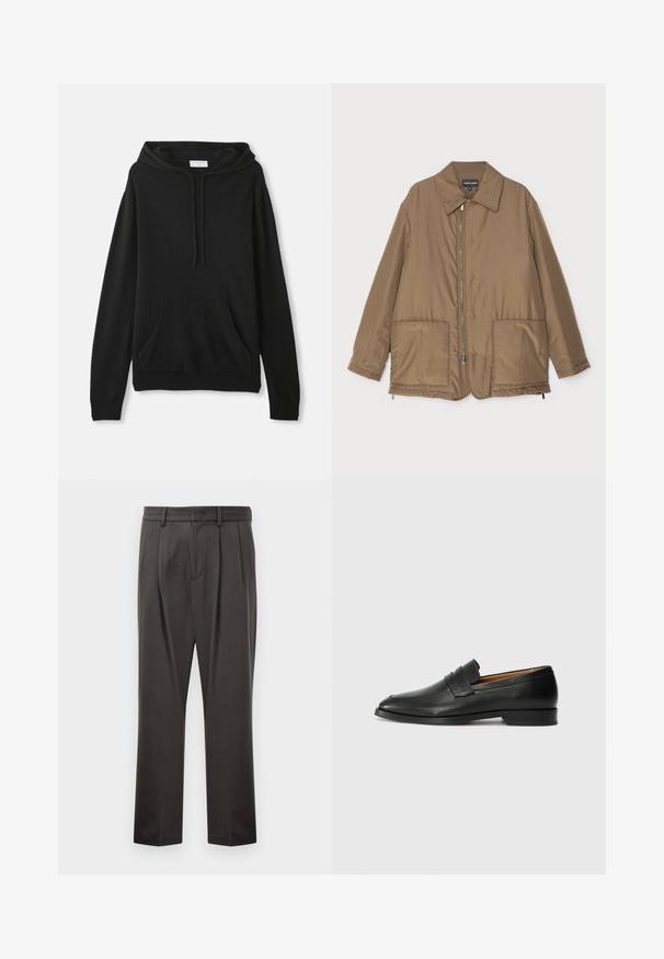 Hnedá prešívaná bunda s golierom, predným zipsom, dvoma veľkými vreckami a jemným leskom. Jednoduchý dizajn s voľným strihom.; Čierna mikina s kapucňou vyrobená z mäkkej tkaniny; má predné "klokaní" vrecko, kapucňu s nastaviteľným sťahovaním, dlhé rukávy a rebrovaný pás a náplety.; Tmavo sivé nohavice vyrobené z textúrovanej tkaniny, s plochým predným dielom, prešiami, rovným strihom a pútkami na opasok. Bez viditeľného kovania alebo vzorov.; Čierne kožené mokasíny s okrúhlou špičkou, jemným prešitím a nízkym podpätkom, s hladkou textúrou a minimalistickým dizajnom.