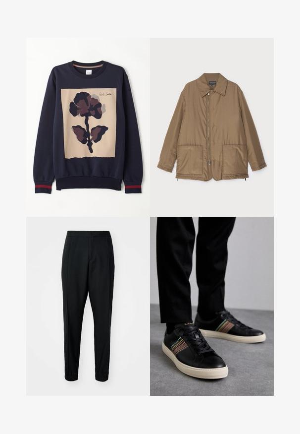 Geacă căptușită, de culoare maro, cu guler, fermoar frontal, două buzunare mari și un luciu subtil. Design simplu, cu o croială lejeră.; Hanorac bleumarin cu un panou central bej și un imprimeu floral mare în culori închise. Manșete ribbate cu accente roșii. Material moale.; Pantaloni tapered negri, cu o textură netedă, talie elastică și manșete. Prezintă pliseuri în față pentru un aspect elegant.; Adidași din piele neagră cu accente multicolore în dungi, vârf rotund și tălpi din cauciuc alb, având un design cu șireturi și branding embosat.