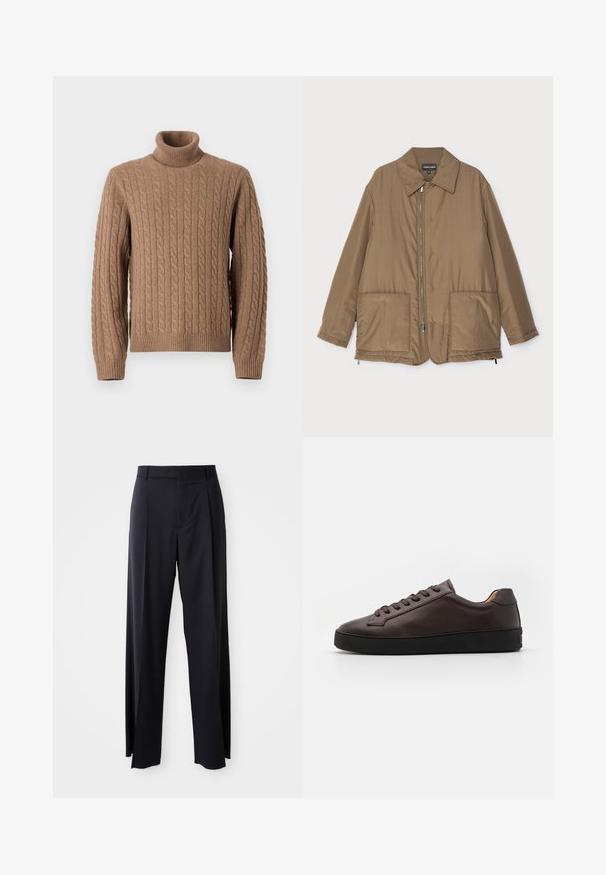 Geacă căptușită, de culoare maro, cu guler, fermoar frontal, două buzunare mari și un luciu subtil. Design simplu, cu o croială lejeră.; Pulover cu guler înalt din tricot cu model torsadă, de culoare bej deschis, având margini și tiv cu nervuri. Fabricat din fir moale, prezentând modele complicate de torsadă pe întreaga suprafață.; Pantaloni negri, cu talie înaltă și croi evazat, dintr-un material fin. Prezintă pliseuri frontale și buzunare cu curea. Design minimalist, fără accesorii vizibile.; Tenisi din piele maro cu o textură netedă, vârf rotund și talpă din cauciuc negru. Prezintă șireturi tonale și detalii de design minimaliste.
