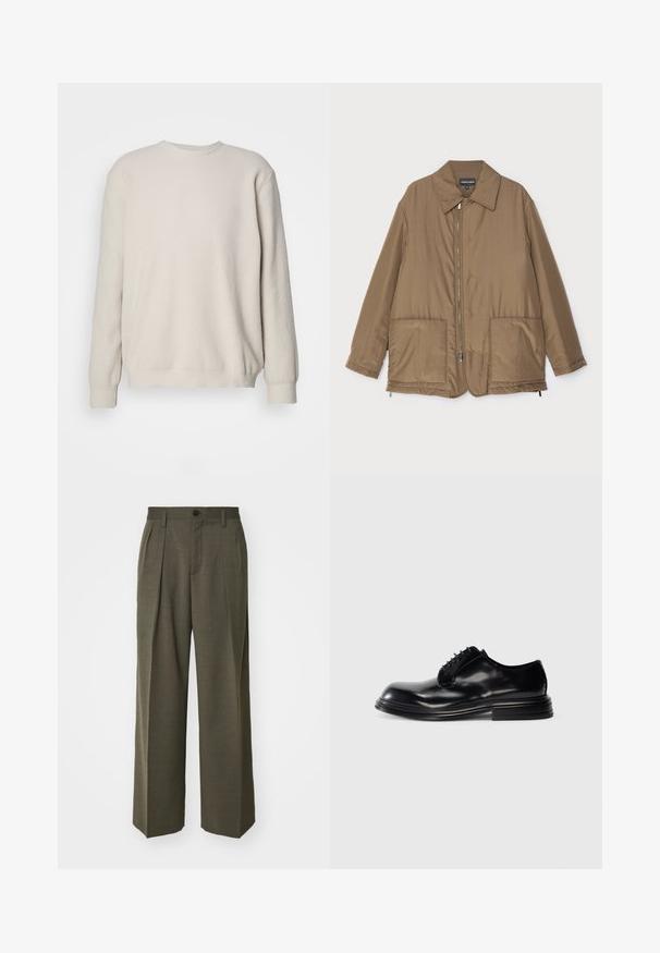 Veste rembourrée marron avec un col, fermeture zippée sur le devant, deux grandes poches et un léger éclat. Design simple avec une coupe décontractée.; Pull à manches longues beige avec texture côtelée, col rond et poignets ajustés. Design simple et sans embellissement avec une coupe relaxée.; Filippa K WIDE TROUSERS - Pantalon classique - driftwood; Chaussure habillée en cuir noir avec un bout rond, finition lisse, design lacé et talon empilé. Style minimaliste sans logos visibles.