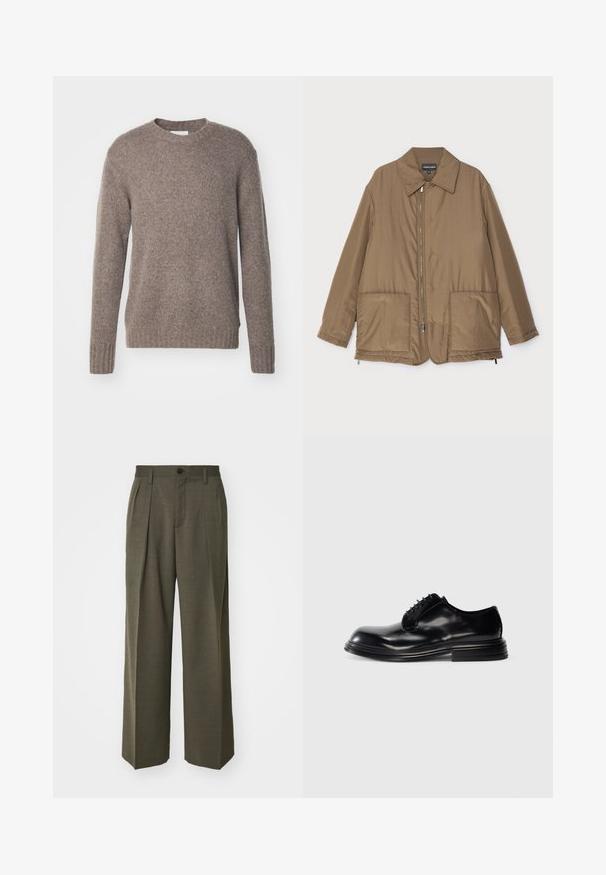 Giacca imbottita marrone con collo, chiusura frontale con zip, due grandi tasche e una leggera lucentezza. Design semplice con vestibilità rilassata.; Maglione marrone a maglia con scollo rotondo, maniche lunghe e polsini e orlo a coste, che presenta una finitura morbida e testurizzata.; Filippa K WIDE TROUSERS - Pantaloni - driftwood; Scarpa da uomo in pelle nera con punta arrotondata, finitura liscia, design con allacciatura e tacco impilato. Stile minimalista senza loghi visibili.