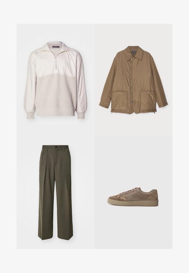 Ruskea pehmustettu takki kauluksella, edessä vetoketjukiinnitys, kaksi suurta taskua ja lievä kiilto. Yksinkertainen muotoilu rentolla istuvuudella.; Vaate vaaleassa bežissä, jossa on puolivetoketjukaulus, teksturoitu neulosrunko ja sileät hihansuut. Räpylät ja helma ribbattuja.; Filippa K WIDE TROUSERS - Housut - driftwood; Musta nahka näyttävät matalat tennarit litteällä kumipohjalla, nauhakiinnitys ja ompeluyksityiskohdat, esitetty sivulta yksinkertaisella taustalla.