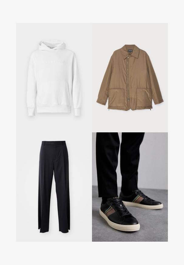 Hnedá prešívaná bunda s golierom, predným zipsom, dvoma veľkými vreckami a jemným leskom. Jednoduchý dizajn s voľným strihom.; Biely mikina s predným kloktacím vreckom, kapucňou so šnúrkami a embosovaným logom "QUARTZ CO" na hrudi. Mäkká bavlnená tkanina.; Čierne, vysoké nohavice so širokým strihom, vyrobené z hladkej látky. Obsahujú predné skladby a pútka na opasok. Minimalistický dizajn, bez viditeľnej kovania.; Čierne kožené tenisky s multicolor pruhovanými akcentmi, okrúhlou špičkou a bielymi gumovými podrážkami, s šnurovacím dizajnom a embosovanou značkou.