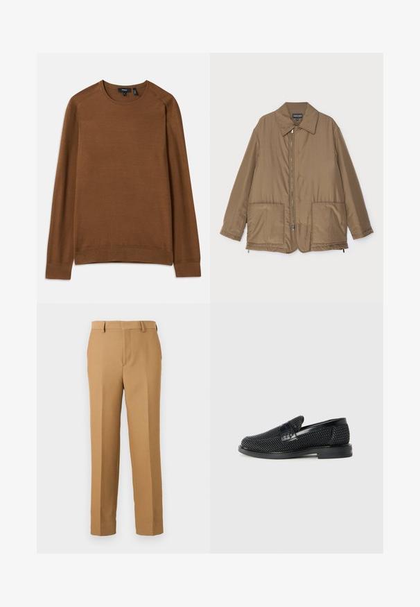 Braune gepolsterte Jacke mit Kragen, Reißverschluss vorne, zwei großen Taschen und leichter Glanz. Einfaches Design mit entspannter Passform.; Brauner Strickpullover mit Rundhalsausschnitt, langen Raglanärmeln und strukturiertem Muster. Verfügt über gerippte Bündchen und Saum für einen figurnahen Look.; Beige Anzughosen aus gewebtem Stoff, mit geradem Schnitt, flachem Front und Gürtelschlaufen. Glatte Textur ohne sichtbare Muster.; Schwarzer geflochtener Slipper mit einem glatten Lederakzent im Obermaterial, einem runden Zehendesign und einer flachen Gummisohle.