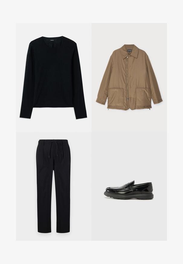 Giacca imbottita marrone con collo, chiusura frontale con zip, due grandi tasche e una leggera lucentezza. Design semplice con vestibilità rilassata.; Maglia nera a maniche lunghe in maglia con scollo rotondo. Texture morbida, vestibilità comoda, senza motivi o accenti visibili.; Pantaloni neri in tessuto liscio, con vita regolabile, gambe dritte e pieghe frontali per un aspetto strutturato.; Mocassino in pelle nera con finitura lucida, punta arrotondata, dettagli di cucitura sottili e suola in gomma spessa per una maggiore durata.