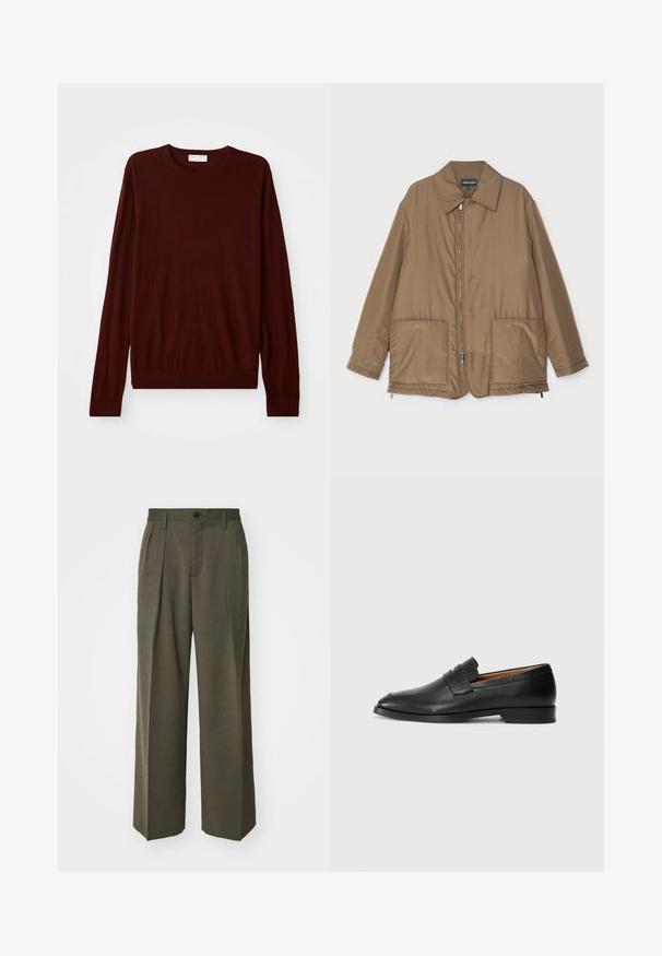 Brown padded jacket with a collared neck, front zip closure, two large pockets, and slight sheen. Simple design with a relaxed fit.; Maroon long-sleeve crew neck sweater with ribbed cuffs and hem, laid flat on a white background.; Filippa K WIDE TROUSERS - Trousers - driftwood; Black leather loafer with a rounded toe, subtle stitched detailing, and a low heel, featuring a smooth texture and minimalist design.