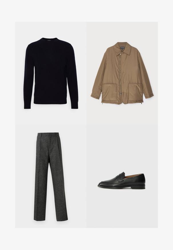 Giacca imbottita marrone con collo, chiusura frontale con zip, due grandi tasche e una leggera lucentezza. Design semplice con vestibilità rilassata.; Maglione a girocollo di un blu navy scuro con maniche lunghe, realizzato in un tessuto morbido. Presenta una texture liscia e una vestibilità classica, senza motivi o dettagli visibili.; Pantaloni grigi su misura realizzati in tessuto strutturato, con due pieghe frontali e un design a gamba dritta. Nessuna tasca o decorazione visibile.; Mocassino in pelle nera con punta arrotondata, dettagli cuciti sottili e tacco basso, caratterizzato da una texture liscia e un design minimalista.