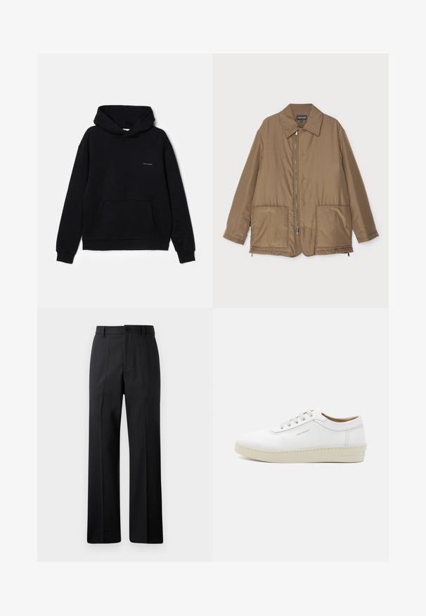Braune gepolsterte Jacke mit Kragen, Reißverschluss vorne, zwei großen Taschen und leichter Glanz. Einfaches Design mit entspannter Passform.; Schwarze Kapuzenjacke aus weichem Stoff, mit einer vorderen Tasche, Kordelzug-Hoodie und dezent gesticktem Logo auf der Brust. Klassisches Pullover-Design.; Schwarze gerade geschnittene Hose mit Gürtelschlaufen, Knopfverschluss vorne und Reißverschluss, vor einem schlichten weißen Hintergrund präsentiert.; Weißes Leder-Sneaker mit strukturiertem Finish, runder Zehenpartie, beiger Gummisohle und sechs grauen Schnürlochösen, mit dezenten Markenzeichen an der Seite.