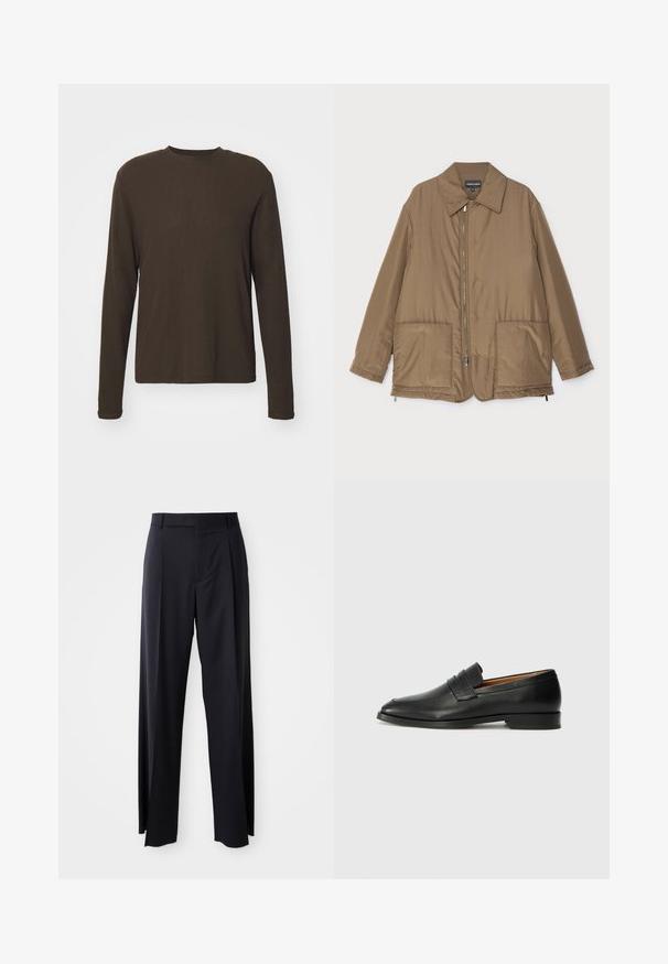 Hnědá zateplená bunda s límečkem, předním zipem, dvěma velkými kapsami a mírným leskem. Jednoduchý design s uvolněným střihem.; Hemd s dlouhým rukávem a kulatým výstřihem v tmavě hnědé barvě. Vyrobeno z hladké, elastické tkaniny se rovným střihem a minimem švů. Bez vzorů či akcentů.; Černé kalhoty s vysokým pasem a širokým střihem, vyrobené z hladké látky. Mají přední sklady a poutka na opasek. Minimalistický design, bez viditelného kovového hardwaru.; Černé kožené mokasíny s kulatou špičkou, jemným prošíváním a nízkým podpatkem, s hladkým povrchem a minimalistickým designem.