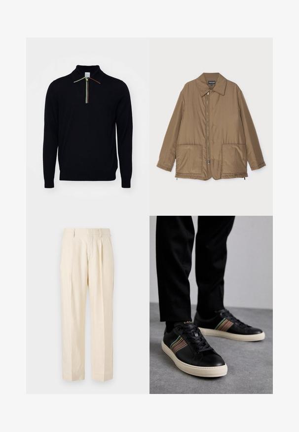 Brown padded jacket with a collared neck, front zip closure, two large pockets, and slight sheen. Simple design with a relaxed fit.; Paul Smith SWEATER - Jumper - black; NN.07 KAY - Trousers - off white; Black leather sneakers with multicolored striped accents, round toe, and white rubber soles, featuring lace-up design and embossed branding.